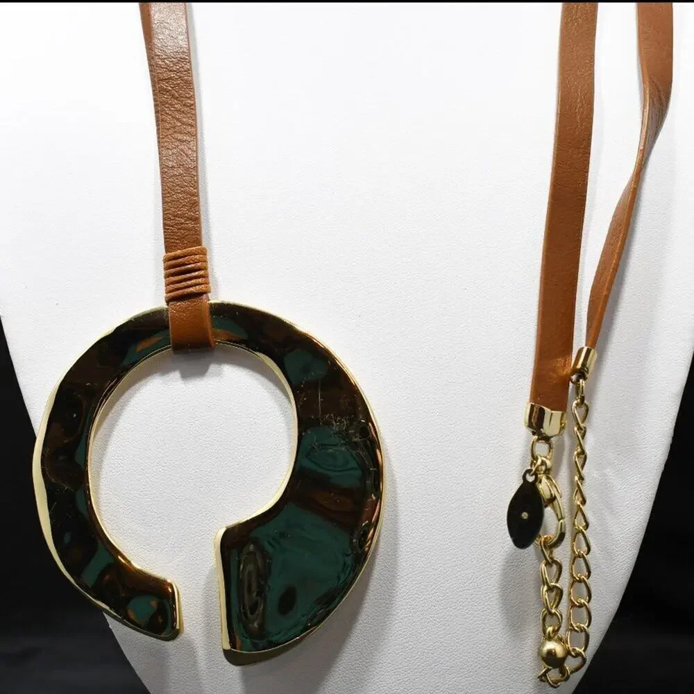 Chico’s Leather Necklace Large Gold C Pendant Adjustable 36” Modern Statement